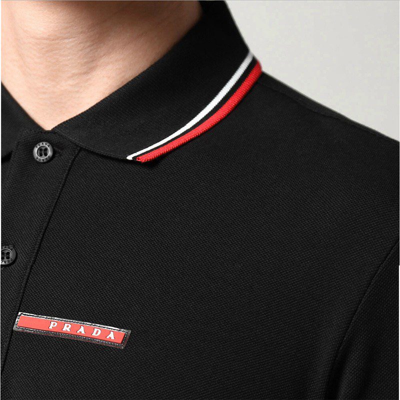 פראדה-PRADA TSHIRT POLO SHORT MEN - Black & White Red Border – תמונה 16