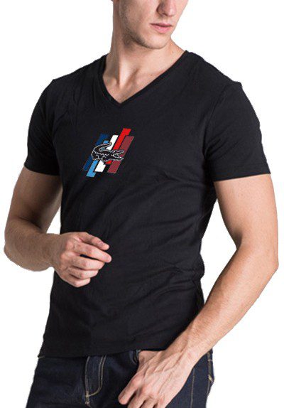 לקוסט-LACSOTE TSHIRT MEN V NECK DESGIN SHORT - Black