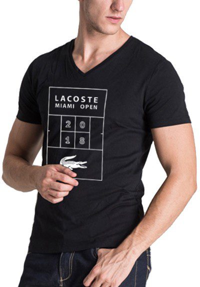 לקוסט-LACSOTE TSHIRT MEN V NECK DESGIN SHORT - Black