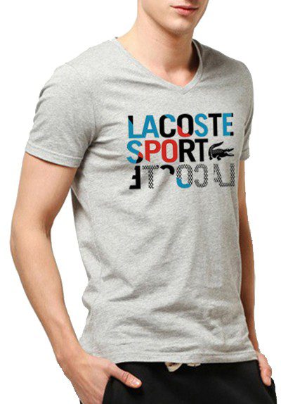 לקוסט-LACSOTE TSHIRT MEN V NECK DESGIN SHORT - Gray