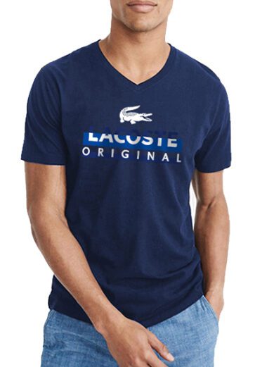 לקוסט-LACSOTE TSHIRT MEN V NECK DESGIN SHORT - Navy Blue