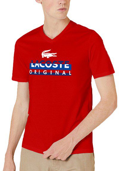 לקוסט-LACSOTE TSHIRT MEN V NECK DESGIN SHORT - Red