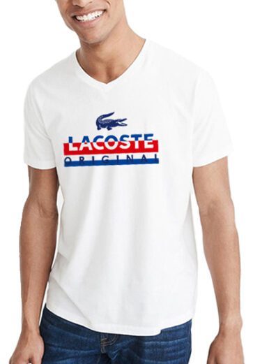 לקוסט-LACSOTE TSHIRT MEN V NECK DESGIN SHORT - White