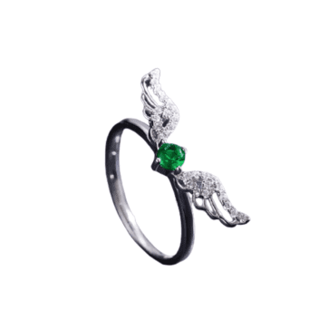 טבעת יוקרה-Silver Feather Rings for Women Cute Angel Wings With Green Crystal